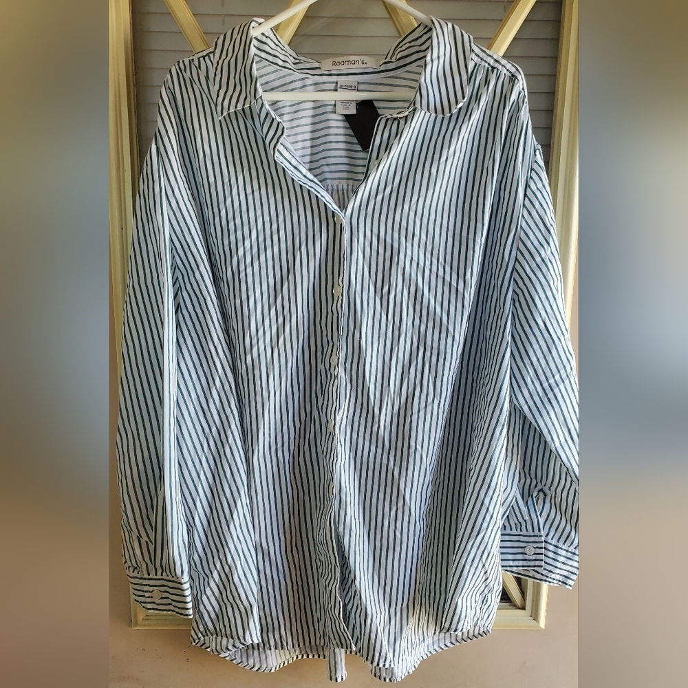 Roaman's Green and White Striped Casual Shirt, Button Up